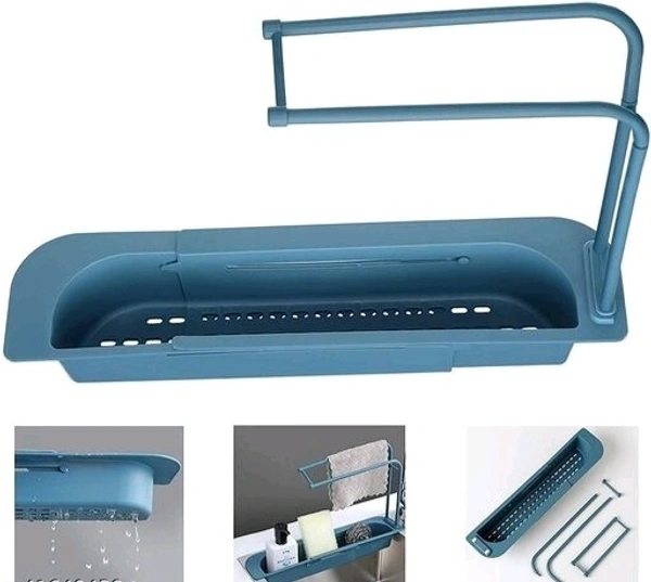 Telescopic Adjustable  Faucet Rack  Dish Brushers Spoonge  Storage Shelves Sink Drain  - Gray, Plastic