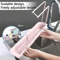 Telescopic Adjustable  Faucet Rack  Dish Brushers Spoonge  Storage Shelves Sink Drain  - Gray, Plastic