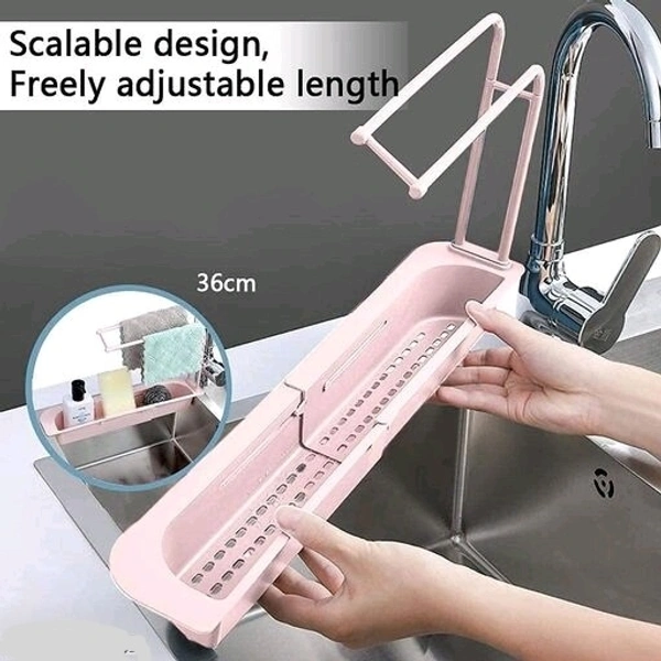Telescopic Adjustable  Faucet Rack  Dish Brushers Spoonge  Storage Shelves Sink Drain  - Gray, Plastic