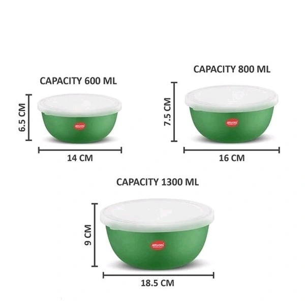 JENSONS  Microwave  Safe  ColourFul Stainless Steel  Bowl Set of 3 Large 1300ml, Medium 800 ml , Small 600ml For storage/ Serving Food - Green