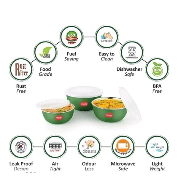 JENSONS  Microwave  Safe  ColourFul Stainless Steel  Bowl Set of 3 Large 1300ml, Medium 800 ml , Small 600ml For storage/ Serving Food - Green