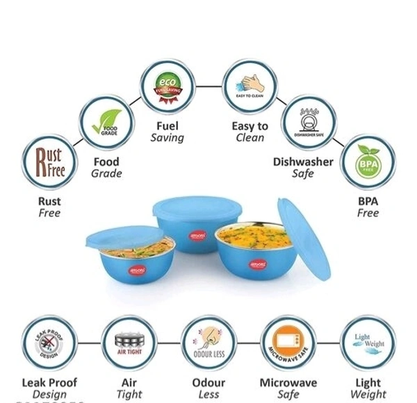JENSONS  Microwave  Safe  BLUE Stainless Steel  Bowl Set of 3 Large 1300ml, Medium 800 ml , Small 600ml For storage/ Serving Food - Blue, Stainless  Steel