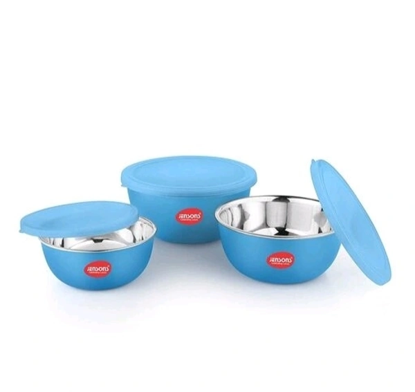JENSONS  Microwave  Safe  BLUE Stainless Steel  Bowl Set of 3 Large 1300ml, Medium 800 ml , Small 600ml For storage/ Serving Food - Blue, Stainless  Steel