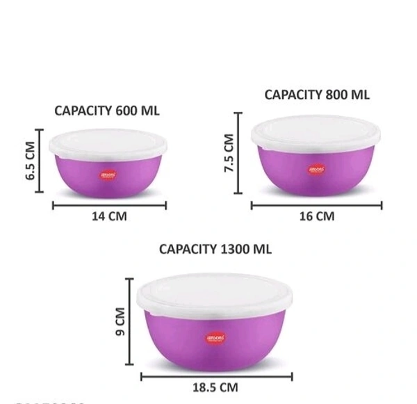 JENSONS  Microwave  Safe  BLUE Stainless Steel  Bowl Set of 3 Large 1300ml, Medium 800 ml , Small 600ml For storage/ Serving Food - Blue, Stainless  Steel