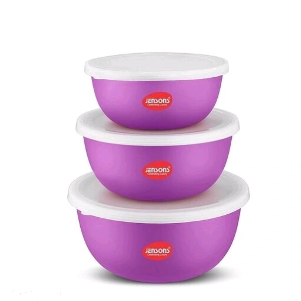 JENSONS  Microwave  Safe  BLUE Stainless Steel  Bowl Set of 3 Large 1300ml, Medium 800 ml , Small 600ml For storage/ Serving Food - Purple, Stainless Steel