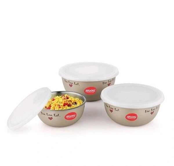 JENSONS  Microwave  Safe  Printed Stainless Steel  Bowl Set of 3 Large 1300ml, Medium 800 ml , Small 600ml For storage/ Serving Food - Choclate Colour