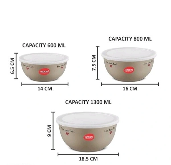 JENSONS  Microwave  Safe  Printed Stainless Steel  Bowl Set of 3 Large 1300ml, Medium 800 ml , Small 600ml For storage/ Serving Food - Choclate Colour