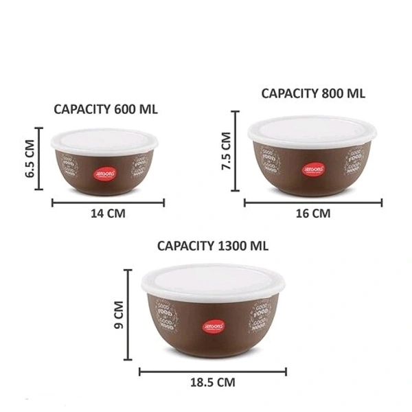 JENSONS  Microwave  Safe  Printed Stainless Steel  Bowl Set of 3 Large 1300ml, Medium 800 ml , Small 600ml For storage/ Serving Food - Choclate Colour