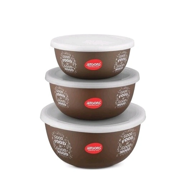 JENSONS  Microwave  Safe  Printed Stainless Steel  Bowl Set of 3 Large 1300ml, Medium 800 ml , Small 600ml For storage/ Serving Food - Choclate Colour