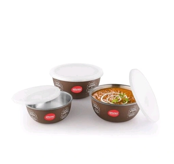 JENSONS  Microwave  Safe  Printed Stainless Steel  Bowl Set of 3 Large 1300ml, Medium 800 ml , Small 600ml For storage/ Serving Food - Dark Cofee Colour