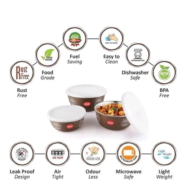 JENSONS  Microwave  Safe  Printed Stainless Steel  Bowl Set of 3 Large 1300ml, Medium 800 ml , Small 600ml For storage/ Serving Food - Dark Cofee Colour