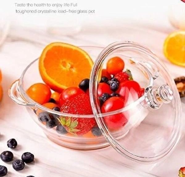 Round Glass Casserole Oven and Microwafe Transparent Serving Bowl with see Through Top Glass Lid 1000 ml Set of 2 - Set of  2, Crystal white(Set of 2)