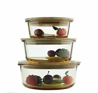Round Container Glass Bowl Set air tight Wooden Bamboo lid and Lunch Box (Set of 3  1000, 600, 400 ml) - Circle