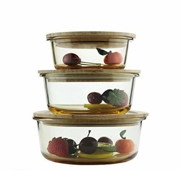 Round Container Glass Bowl Set air tight Wooden Bamboo lid and Lunch Box (Set of 3  1000, 600, 400 ml) - Circle