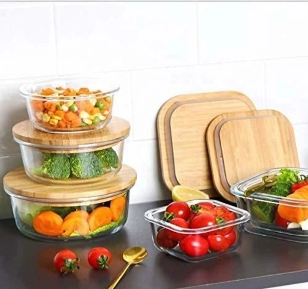 Round Container Glass Bowl Set air tight Wooden Bamboo lid and Lunch Box (Set of 3  1000, 600, 400 ml) - Circle