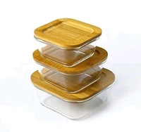 Round Container Glass Bowl Set air tight Wooden Bamboo lid and Lunch Box (Set of 3  1000, 600, 400 ml) - Circle