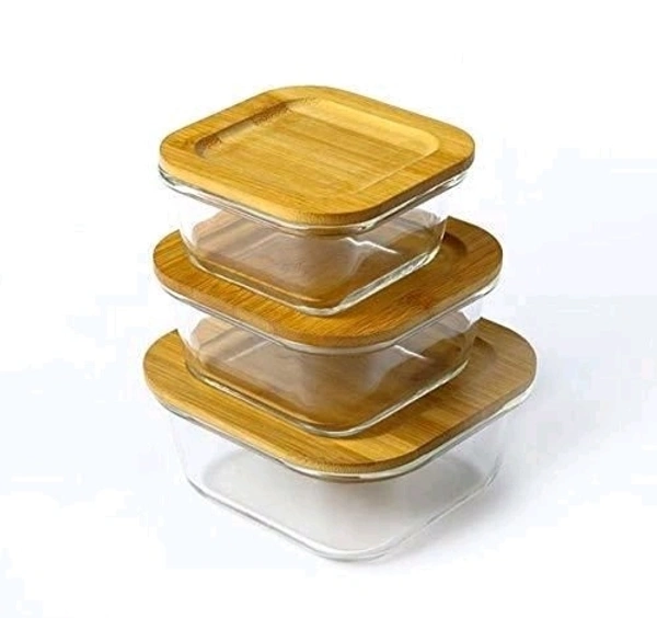 Round Container Glass Bowl Set air tight Wooden Bamboo lid and Lunch Box (Set of 3  1000, 600, 400 ml) - Circle