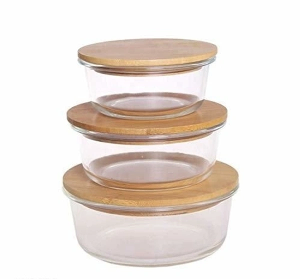 Round Container Glass Bowl Set air tight Wooden Bamboo lid and Lunch Box (Set of 3  1000, 600, 400 ml) - Circle