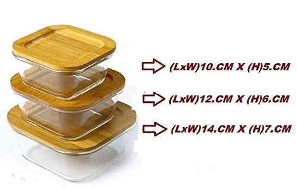 Round Container Glass Bowl Set air tight Wooden Bamboo lid and Lunch Box (Set of 3  1000, 600, 400 ml) - Circle
