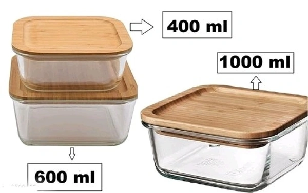 Round Container Glass Bowl Set air tight Wooden Bamboo lid and Lunch Box (Set of 3  1000, 600, 400 ml) - Circle