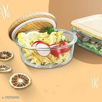 Round Container Glass Bowl Set air tight Wooden Bamboo lid and Lunch Box (Set of 3  1000, 600, 400 ml) - Circle