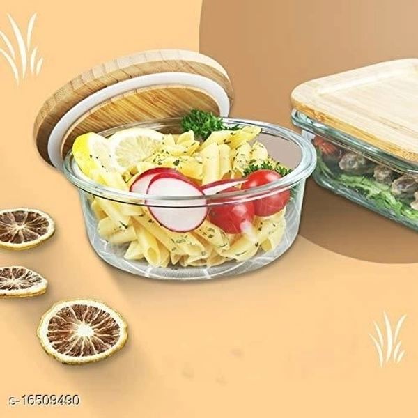 Round Container Glass Bowl Set air tight Wooden Bamboo lid and Lunch Box (Set of 3  1000, 600, 400 ml) - Circle