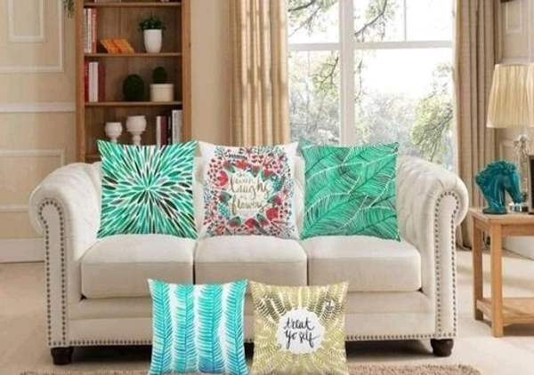 URBAN PLANET Floral Digital Printed Heavy Jute Cushion 3D Printed 16*16 inches Set of 5pieces - 3D Leaves Print, Sea Green