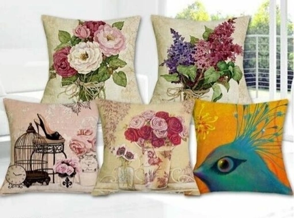 URBAN PLANET Floral Digital Printed Heavy Jute Cushion 3D Printed 16*16 inches Set of 5pieces - 3D Boque Print , Cream