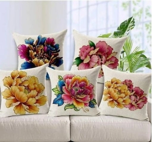 URBAN PLANET Floral Digital Printed Heavy Jute Cushion 3D Printed 16*16 inches Set of 5pieces - Single Flower 3D , White