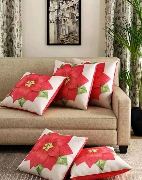 URBAN PLANET Floral Digital Printed Heavy Jute Cushion 3D Printed 16*16 inches Set of 5pieces - Flower Print, Red, 2