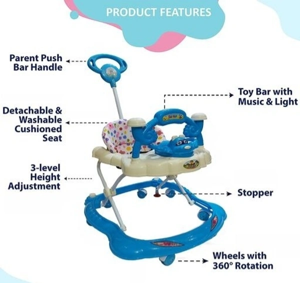 Push Handle Parent to Push Walker Detachable Seat /Handle/ Washable Cushion seat Detachable FootMat 8 wheels with 360⁰ Rotation Kids Walker  - Dark Blue