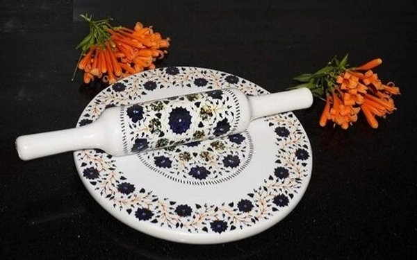 Trendy Marble Chakla belna set with Metal Stand - White