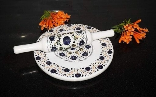 Trendy Marble Chakla belna set with Metal Stand - White
