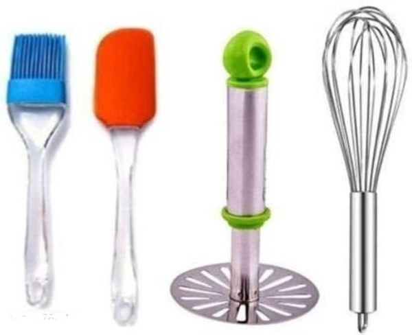 Silicone Spatula Blue Oil Brush  One Stainless Steel Whisker along with Steel Masher Kitchen Accessories Combo Offer 