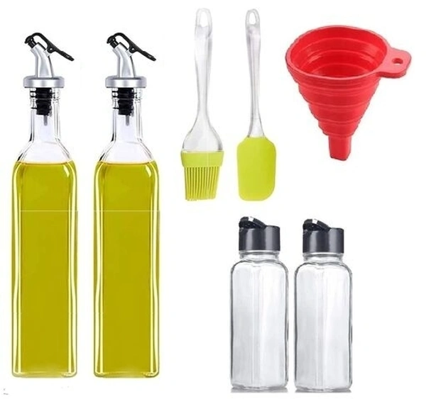 Set 2 Pieces  500ml  Glass Oil Dispenser One Silicone Spatula,One Silicone Oil Brush Medium  Silicon Foldable Funnel with Spice Jar Kitchen  Accessories Combo Pack 