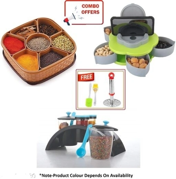 [Combo]BPA FREE Plastic Square 7 Section Multipurpose Masala Rangoli D'abbaye Box MASALADaani wihh Pickle Stand 2*2 Aachaar Container For Dinning Table &Smart Candy   Serving Rotating Tray