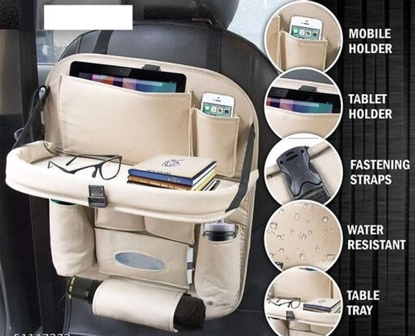 Car Back Seat Organizer with Tablet Holder 6 Different  Pouches PU leather with Foldable Table Tray with Holding Bottle  pouch and Mobile Accessories 1pcs
