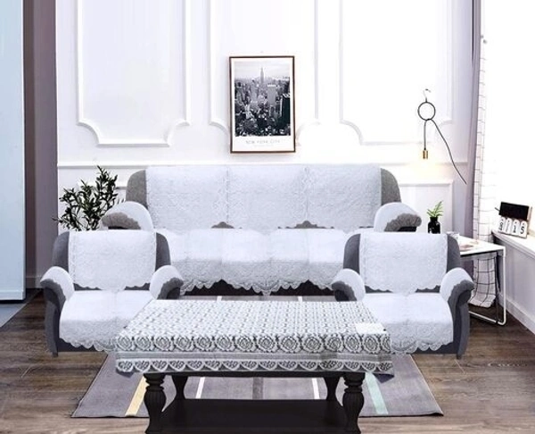 Reversable Cotton 5 Seater Sofa Cover With 6 Pieces Arms cover And 1 Center Table Cover Use Both Side, Living Room, Drawing Room, Bedroom, Guest Room (Set Of17, White) - White