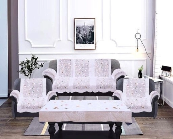 Reversable Cotton 5 Seater Sofa Cover With 6 Pieces Arms cover And 1 Center Table Cover Use Both Side, Living Room, Drawing Room, Bedroom, Guest Room (Set Of17, White) - Floral  Printed White