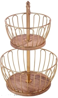 Trendy Handicraft 2 metal and wooden Tier kitchen fruit and vegetable Basket for Organizing and Decorate in living Room and Dinnerware 