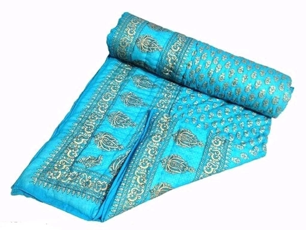 Rajasthani Organic Cotton Singlebed Jaipuri Ac Quilt/Razai  -  Sky Blue