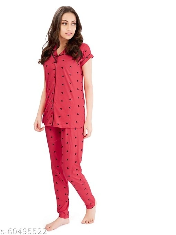 LOTIK'S Women Cotton Heart Print Front Open  Nightsuit Sets - Pink, Cotton, Multipack of1, S