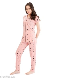 LOTIK'S Women Cotton Heart Print Front Open  Nightsuit Sets - Pink, Cotton, Multipack of1, S