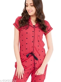 LOTIK'S Women Cotton Heart Print Front Open  Nightsuit Sets - Pink, Cotton, Multipack of1, S