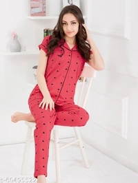 LOTIK'S Women Cotton Heart Print Front Open  Nightsuit Sets - Pink, Cotton, Multipack of1, S