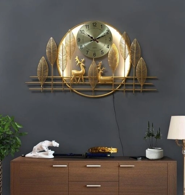 Metal Golden Dear Wall Clock with LED Light 42 inch long for Living room/Office /Guest Room suitable for all Purpose 