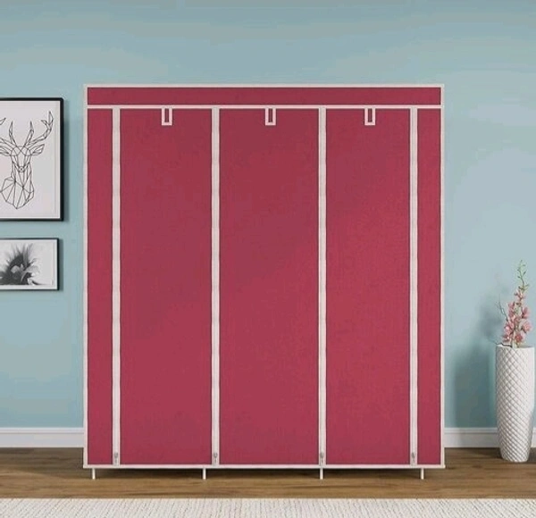 Non Woven Collapse Wardrobe 8 Shelf 3 Doors portable Folding Cabinet  - Pink