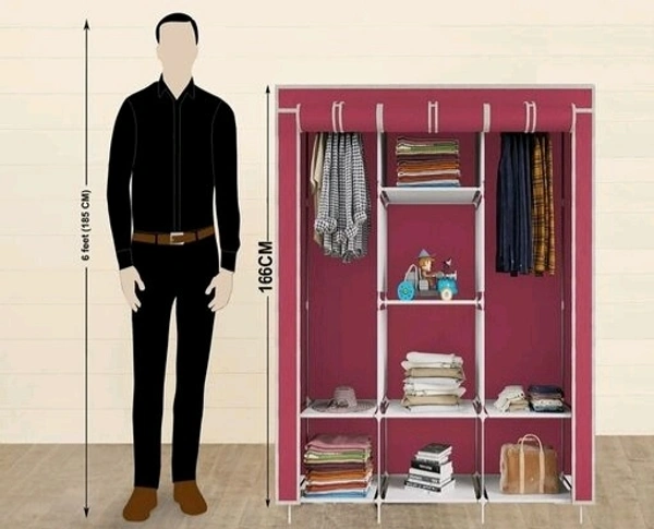 Non Woven Collapse Wardrobe 8 Shelf 3 Doors portable Folding Cabinet  - Pink