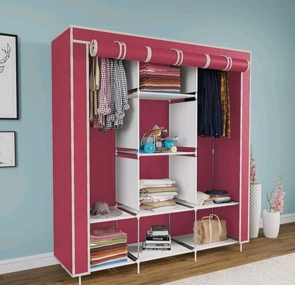 Non Woven Collapse Wardrobe 8 Shelf 3 Doors portable Folding light Clothing Storage Cabinet Dust Proof (Without  pocket ,Colour Blue) - Pink