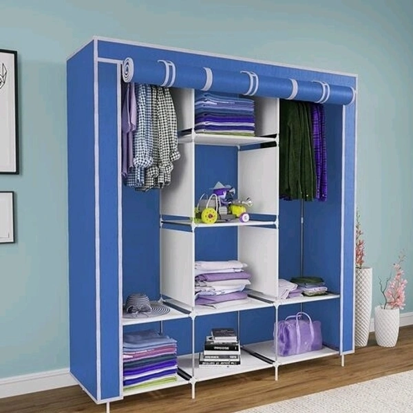 8 Shelf Non Woven Collapsible Wardrobe 3 Doors portable Folding Cabinet  - Blue